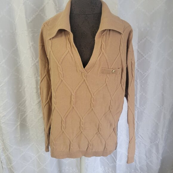 Talbots Plus 1X Camel Cable Knit Collared Sweater W/ Gold Button Accent - Picture 1 of 8